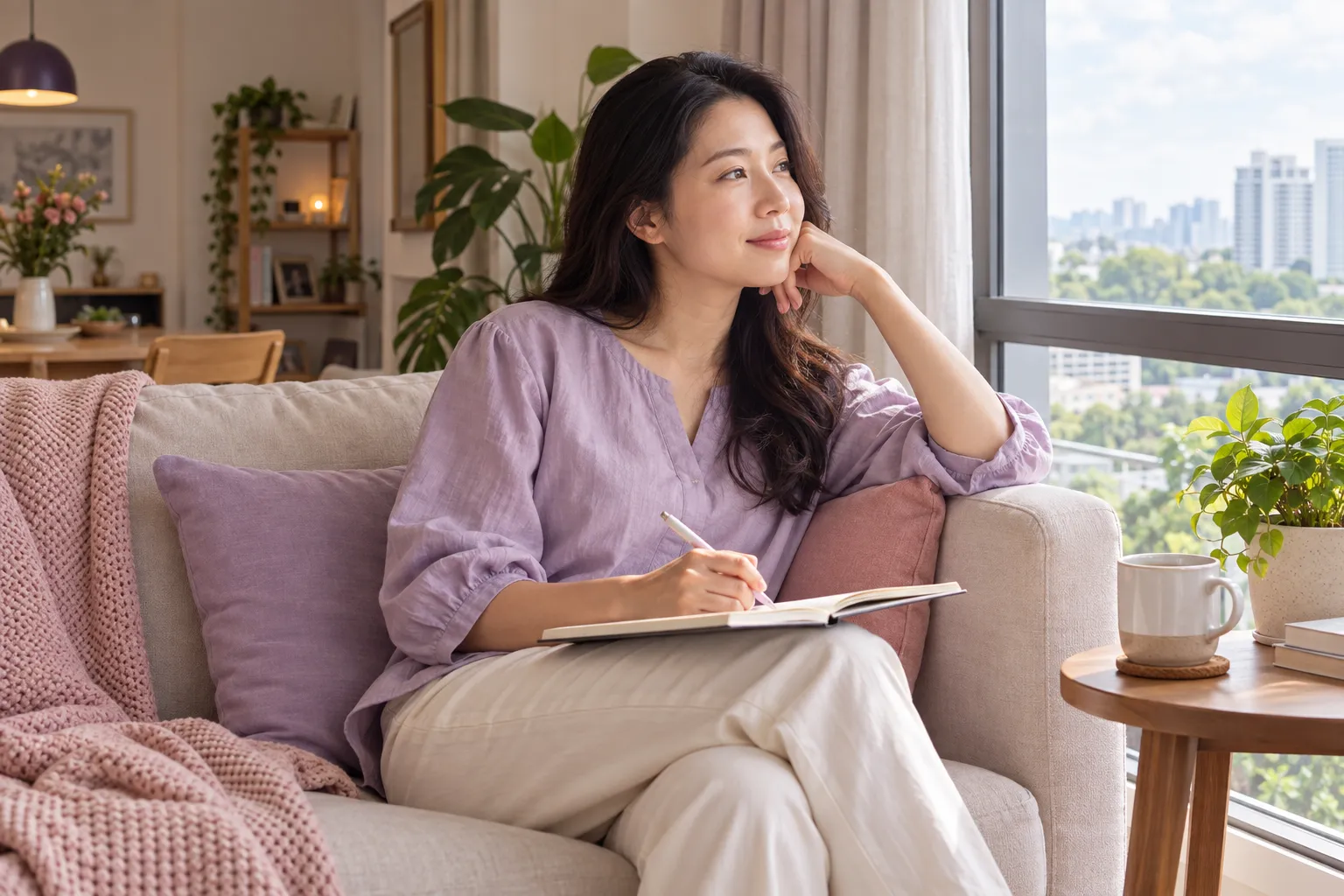 A mother enjoying a quiet journaling moment at home.