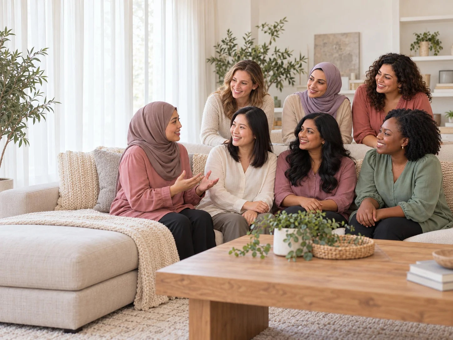 A group of mothers sharing a relaxed conversation at home.